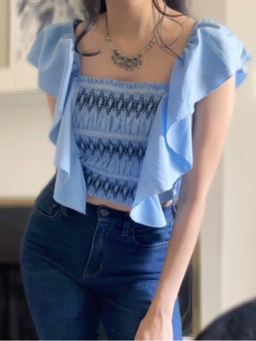 Milk & Honey Bohemian Southwestern Blue Embroidered Smocked Crop Top Ruffled S